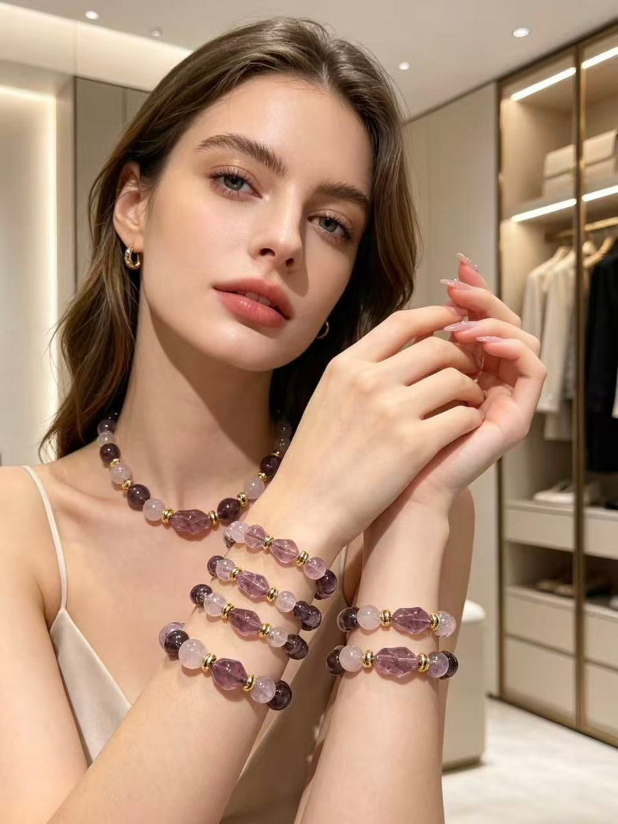 Crystal Paradise Twilight Galaxy Bracelet – Amethyst, Smoky Quartz & Clear Quartz Handmade Energy Bracelet