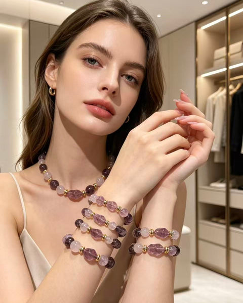 Crystal Paradise Twilight Galaxy Bracelet – Amethyst, Smoky Quartz & Clear Quartz Handmade Energy Bracelet