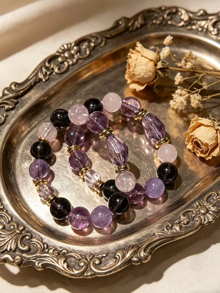 Crystal Paradise Twilight Galaxy Bracelet – Amethyst, Smoky Quartz & Clear Quartz Handmade Energy Bracelet