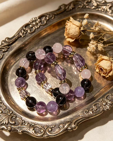 Crystal Paradise Twilight Galaxy Bracelet – Amethyst, Smoky Quartz & Clear Quartz Handmade Energy Bracelet