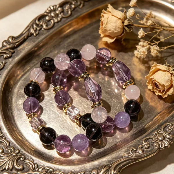 Crystal Paradise Twilight Galaxy Bracelet – Amethyst, Smoky Quartz & Clear Quartz Handmade Energy Bracelet