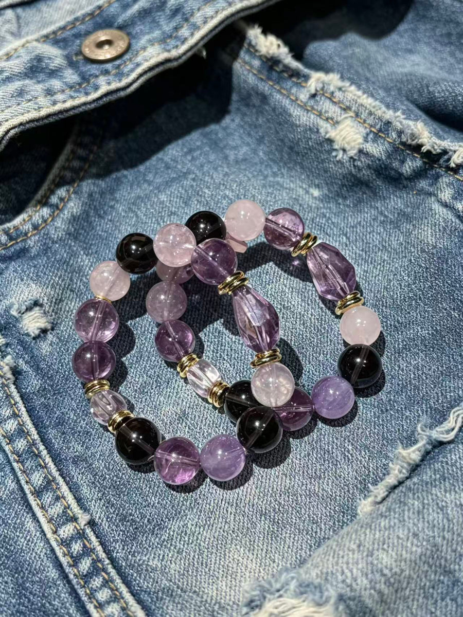 Crystal Paradise Twilight Galaxy Bracelet – Amethyst, Smoky Quartz & Clear Quartz Handmade Energy Bracelet