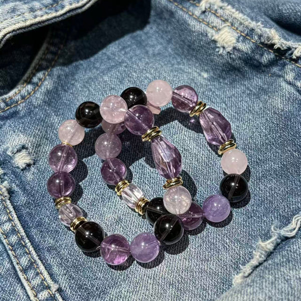 Crystal Paradise Twilight Galaxy Bracelet – Amethyst, Smoky Quartz & Clear Quartz Handmade Energy Bracelet