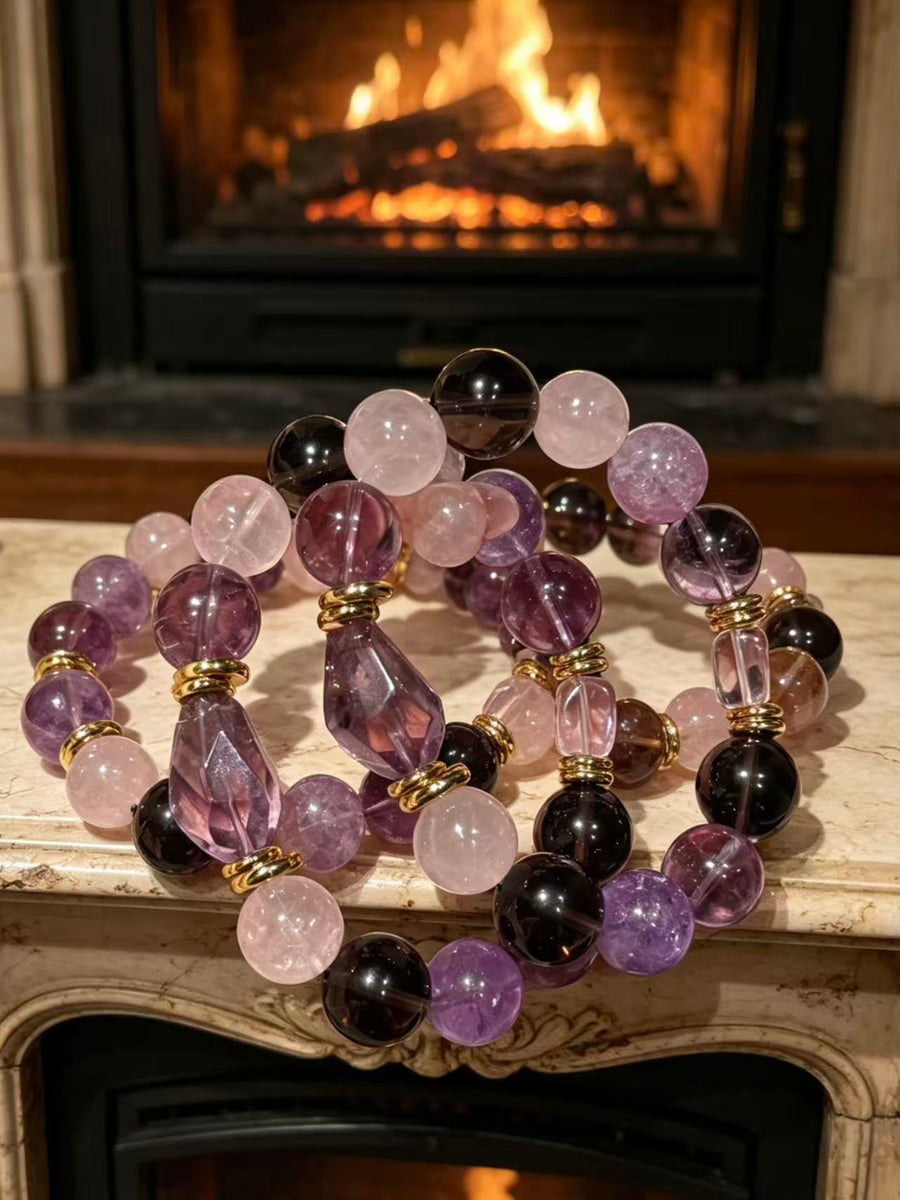 Crystal Paradise Twilight Galaxy Bracelet – Amethyst, Smoky Quartz & Clear Quartz Handmade Energy Bracelet