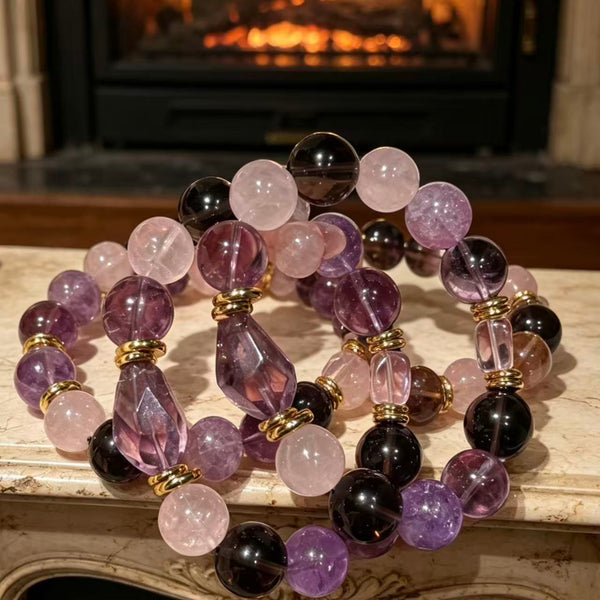 Crystal Paradise Twilight Galaxy Bracelet – Amethyst, Smoky Quartz & Clear Quartz Handmade Energy Bracelet