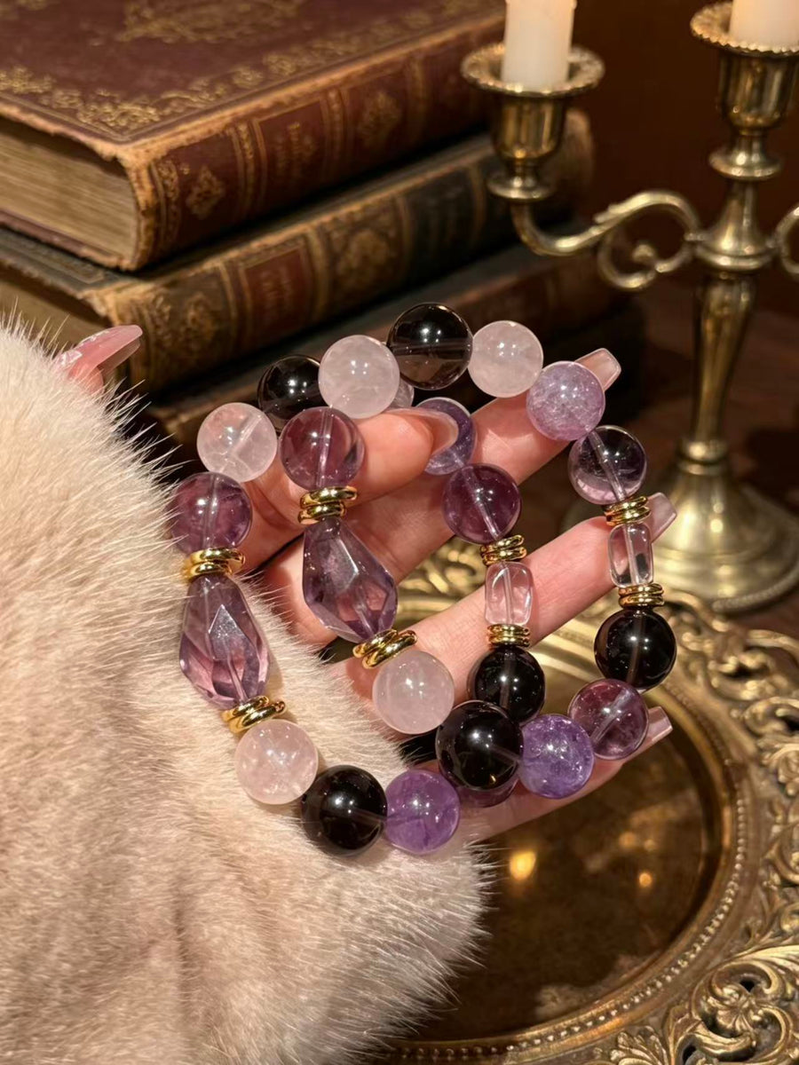 Crystal Paradise Twilight Galaxy Bracelet – Amethyst, Smoky Quartz & Clear Quartz Handmade Energy Bracelet