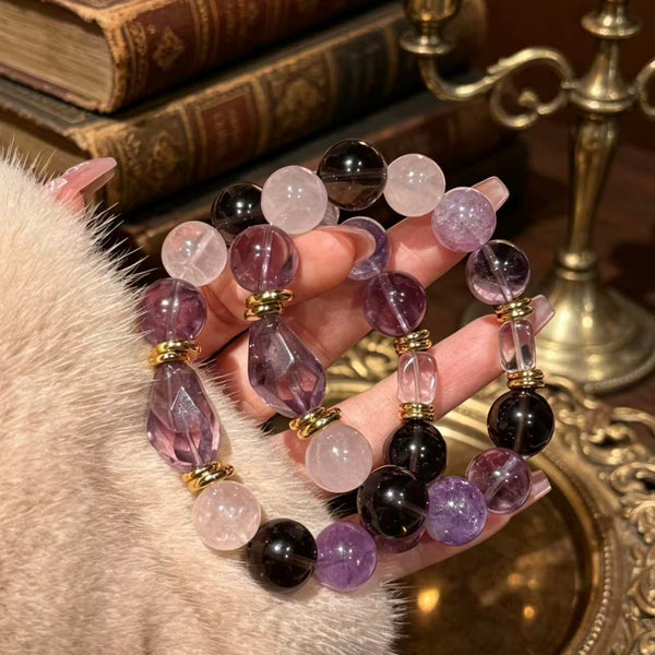 Crystal Paradise Twilight Galaxy Bracelet – Amethyst, Smoky Quartz & Clear Quartz Handmade Energy Bracelet