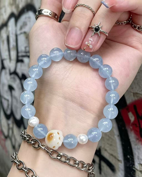 Crystal Paradise Lucky Cat Paw Aquamarine Bracelet – Aquamarine & Pearl Handmade Fortune Bracelet