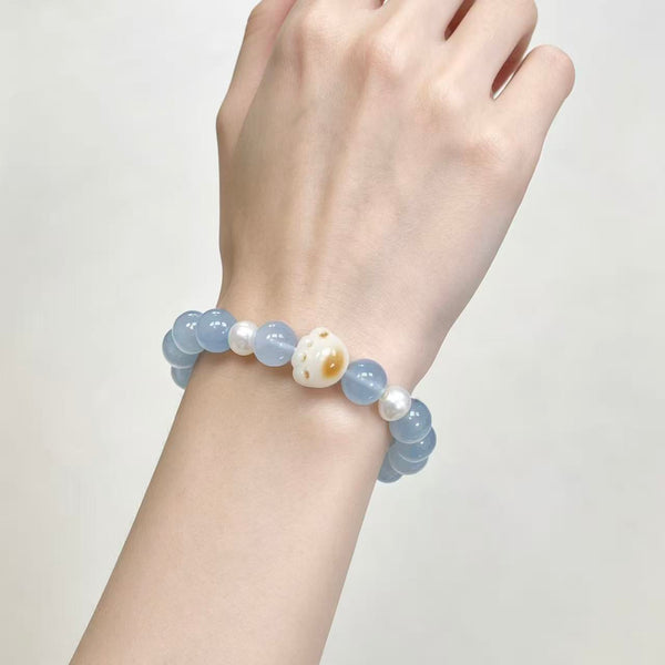 Crystal Paradise Lucky Cat Paw Aquamarine Bracelet – Aquamarine & Pearl Handmade Fortune Bracelet
