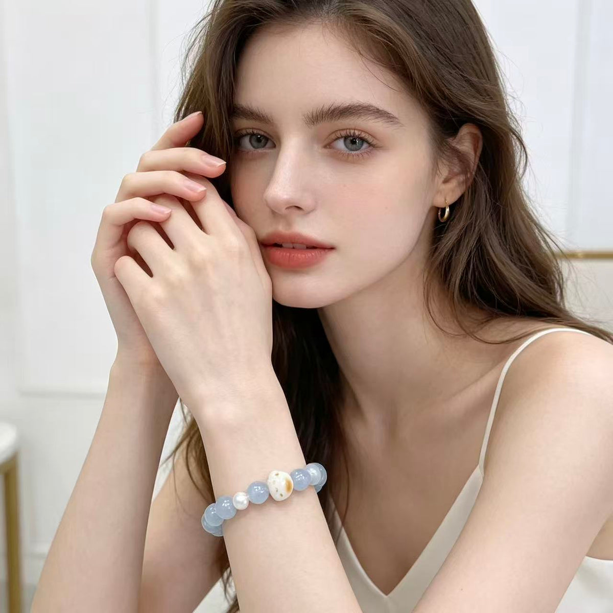 Crystal Paradise Lucky Cat Paw Aquamarine Bracelet – Aquamarine & Pearl Handmade Fortune Bracelet