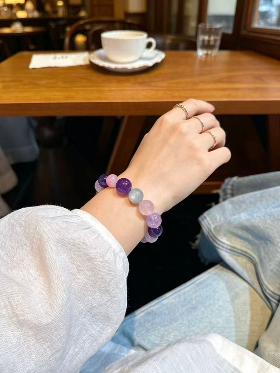 Crystal Paradise Illusion Purple Glow Bracelet – Handmade Amethyst, Rose Quartz & Gray Moonstone Energy Bracelet 💜