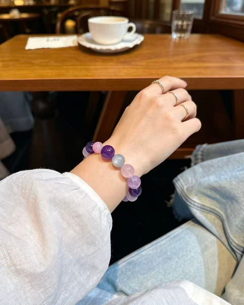 Crystal Paradise Illusion Purple Glow Bracelet – Handmade Amethyst, Rose Quartz & Gray Moonstone Energy Bracelet 💜