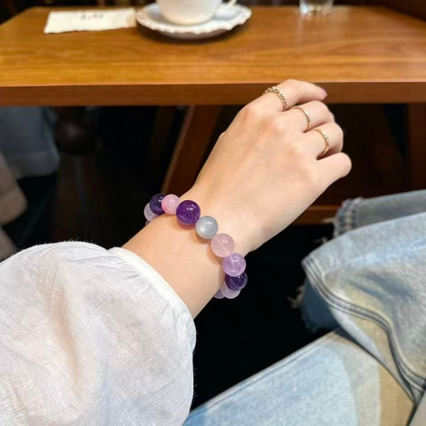 Crystal Paradise Illusion Purple Glow Bracelet – Handmade Amethyst, Rose Quartz & Gray Moonstone Energy Bracelet 💜
