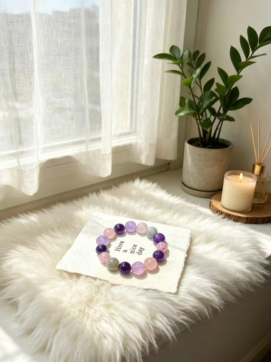 Crystal Paradise Illusion Purple Glow Bracelet – Handmade Amethyst, Rose Quartz & Gray Moonstone Energy Bracelet 💜
