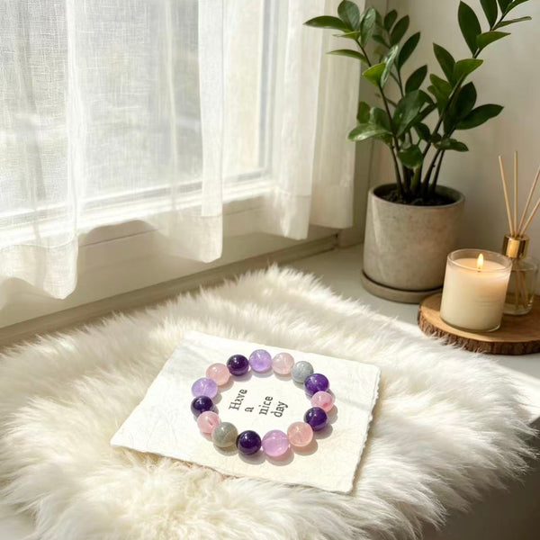 Crystal Paradise Illusion Purple Glow Bracelet – Handmade Amethyst, Rose Quartz & Gray Moonstone Energy Bracelet 💜