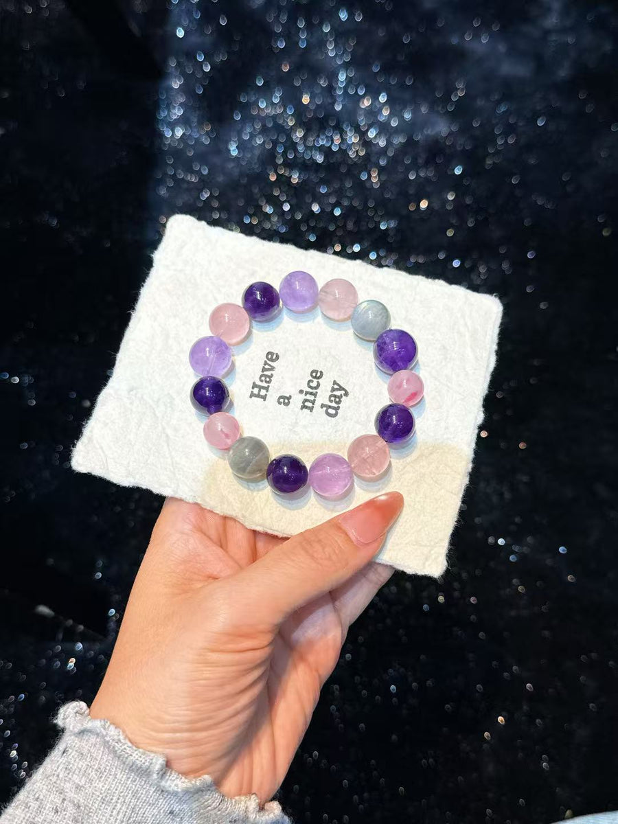 Crystal Paradise Illusion Purple Glow Bracelet – Handmade Amethyst, Rose Quartz & Gray Moonstone Energy Bracelet 💜