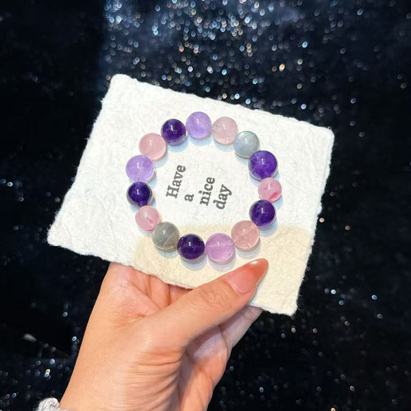 Crystal Paradise Illusion Purple Glow Bracelet – Handmade Amethyst, Rose Quartz & Gray Moonstone Energy Bracelet 💜