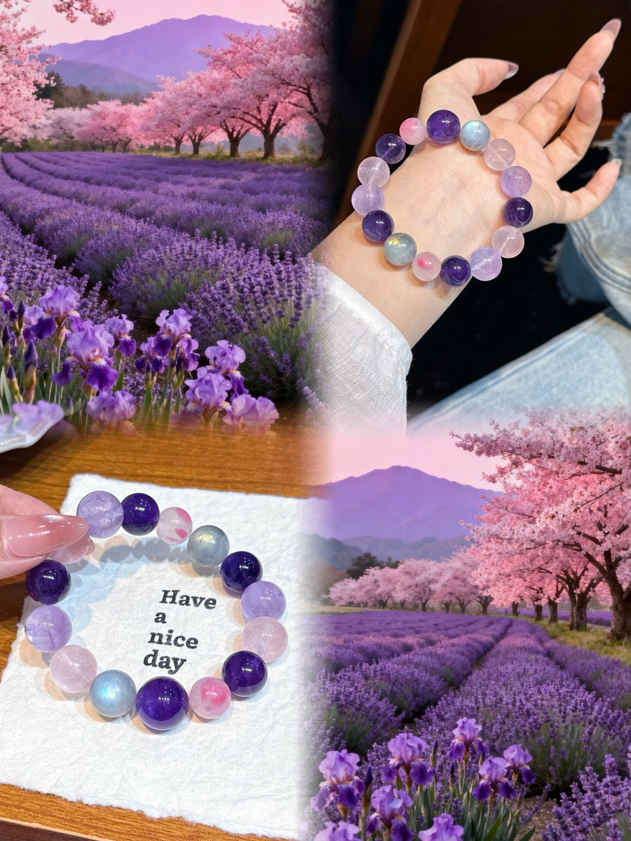Crystal Paradise Illusion Purple Glow Bracelet – Handmade Amethyst, Rose Quartz & Gray Moonstone Energy Bracelet 💜