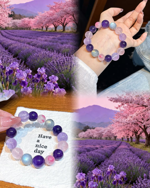 Crystal Paradise Illusion Purple Glow Bracelet – Handmade Amethyst, Rose Quartz & Gray Moonstone Energy Bracelet 💜