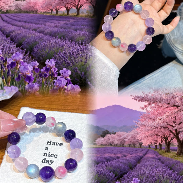 Crystal Paradise Illusion Purple Glow Bracelet – Handmade Amethyst, Rose Quartz & Gray Moonstone Energy Bracelet 💜