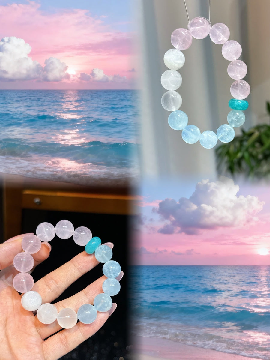 Crystal Paradise Four Seasons of Spring Bracelet – Handmade Aquamarine, Rose Quartz, Snow Phantom & Amazonite Energy Bracelet 🌿