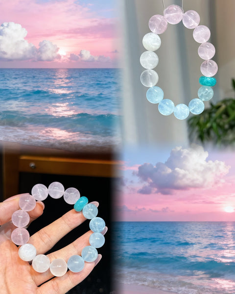 Crystal Paradise Four Seasons of Spring Bracelet – Handmade Aquamarine, Rose Quartz, Snow Phantom & Amazonite Energy Bracelet 🌿