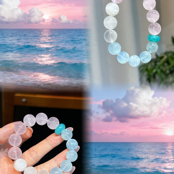 Crystal Paradise Four Seasons of Spring Bracelet – Handmade Aquamarine, Rose Quartz, Snow Phantom & Amazonite Energy Bracelet 🌿