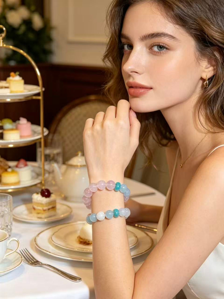 Crystal Paradise Four Seasons of Spring Bracelet – Handmade Aquamarine, Rose Quartz, Snow Phantom & Amazonite Energy Bracelet 🌿