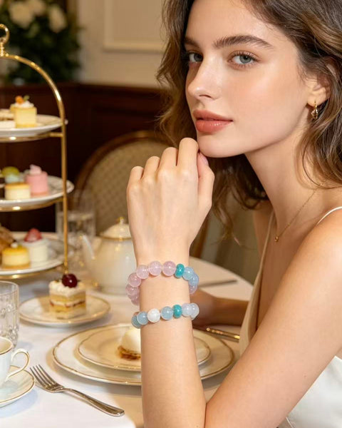 Crystal Paradise Four Seasons of Spring Bracelet – Handmade Aquamarine, Rose Quartz, Snow Phantom & Amazonite Energy Bracelet 🌿