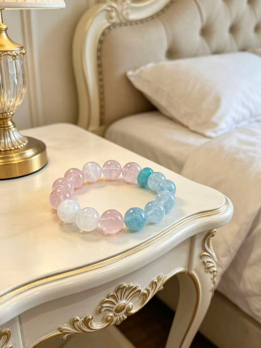 Crystal Paradise Four Seasons of Spring Bracelet – Handmade Aquamarine, Rose Quartz, Snow Phantom & Amazonite Energy Bracelet 🌿