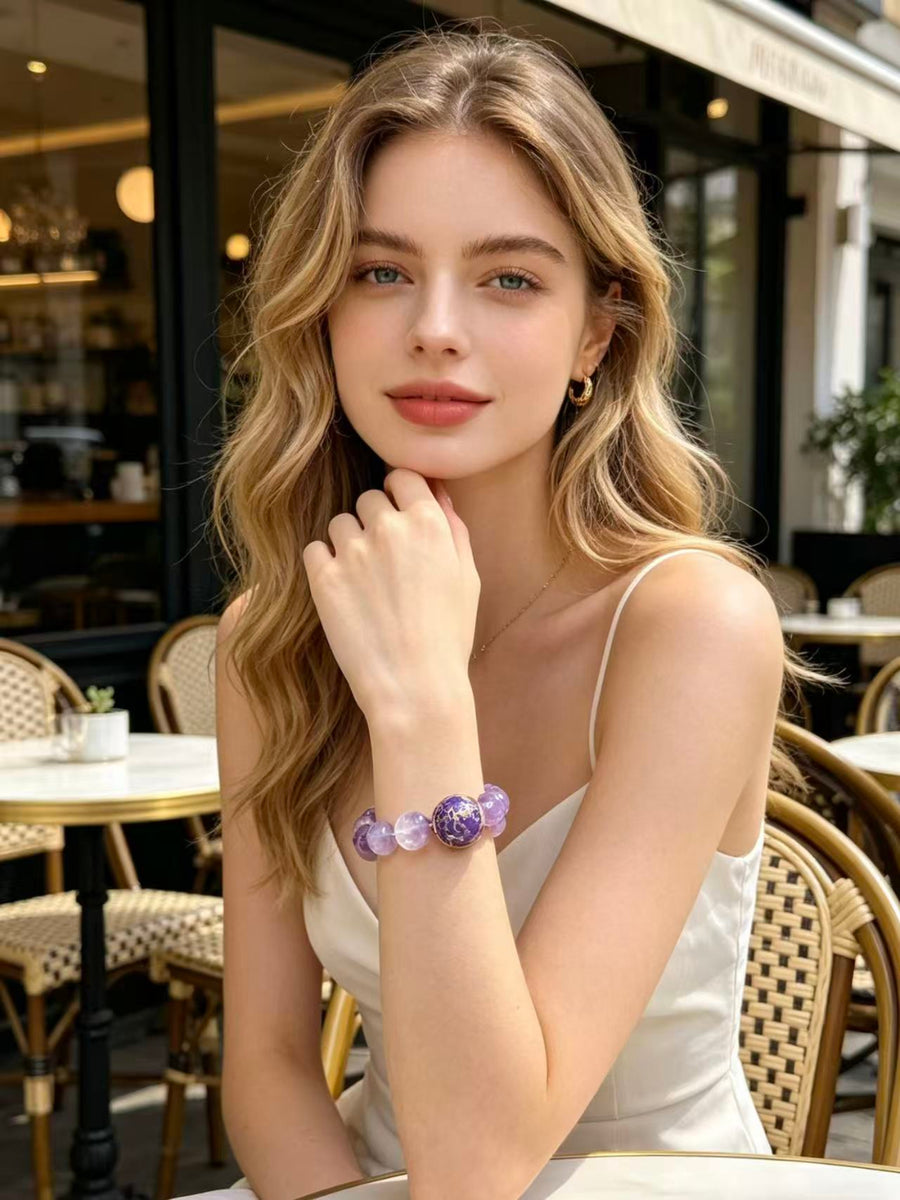 Crystal Paradise Purple Lacquer Harmony Bracelet – Handmade Lavender Amethyst, Himalayan Clear Quartz, Amethyst & Rose Quartz Bracelet 💜