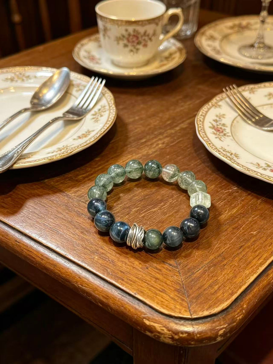 Crystal Paradise Forest Crystal Energy Array Bracelet – Handmade Green Phantom, Green Rutilated Quartz, Blue Tiger Eye & Obsidian Bracelet 🌌