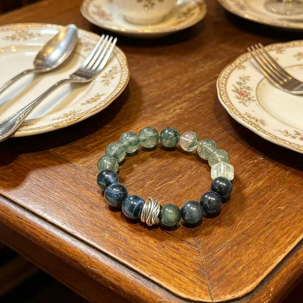 Crystal Paradise Forest Crystal Energy Array Bracelet – Handmade Green Phantom, Green Rutilated Quartz, Blue Tiger Eye & Obsidian Bracelet 🌌