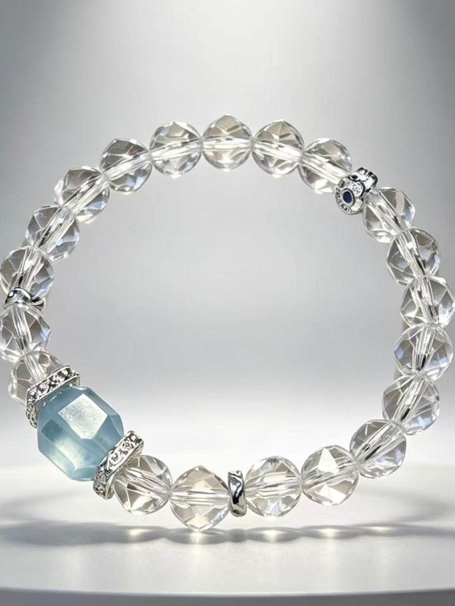 Crystal Paradise · Sea Salt Iced Latte Bracelet – Faceted Aquamarine & Clear Quartz Beaded Bracelet 🌊