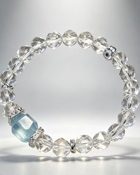 Crystal Paradise · Sea Salt Iced Latte Bracelet – Faceted Aquamarine & Clear Quartz Beaded Bracelet 🌊
