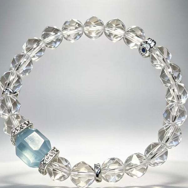 Crystal Paradise · Sea Salt Iced Latte Bracelet – Faceted Aquamarine & Clear Quartz Beaded Bracelet 🌊
