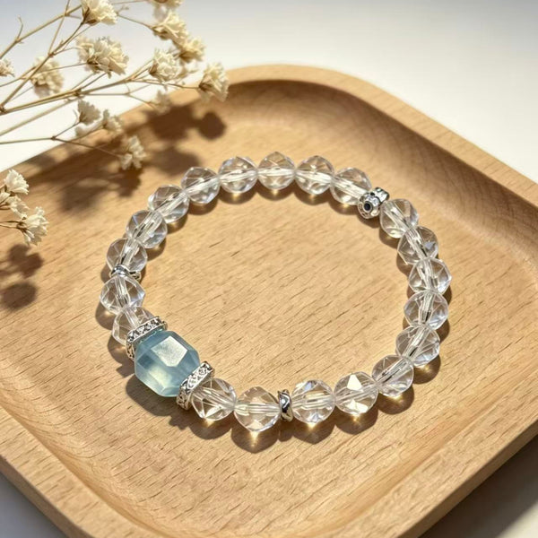 Crystal Paradise · Sea Salt Iced Latte Bracelet – Faceted Aquamarine & Clear Quartz Beaded Bracelet 🌊