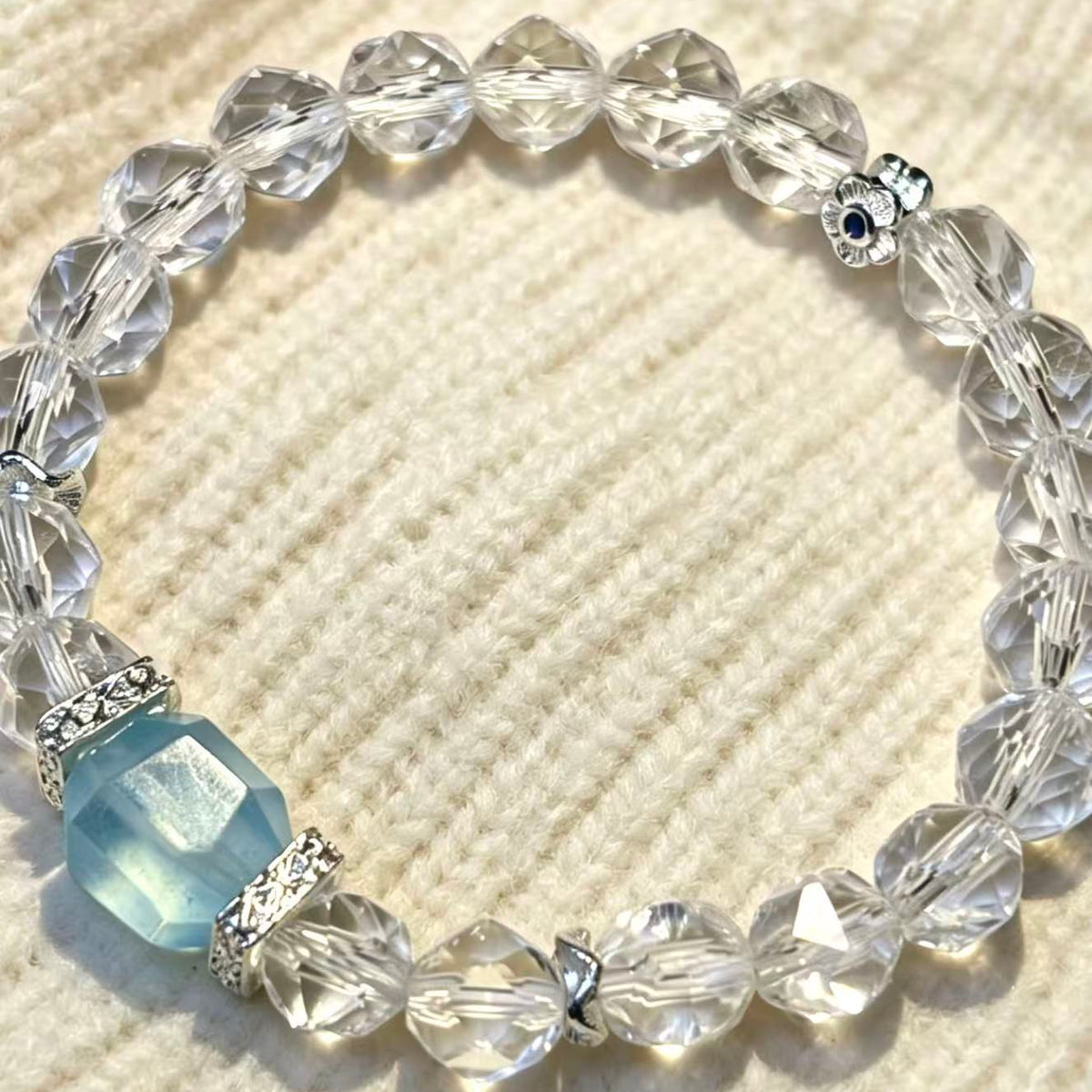 Crystal Paradise · Sea Salt Iced Latte Bracelet – Faceted Aquamarine & Clear Quartz Beaded Bracelet 🌊