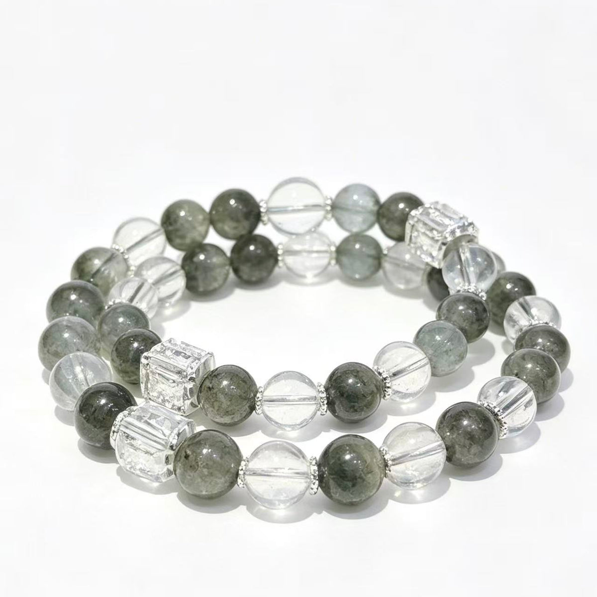 Crystal Paradise Green Phantom &amp; Clear Quartz Bracelet Set – Handmade Wealth &amp; Purity Crystal Stack Bracelet 💚🤍