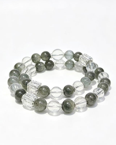 Crystal Paradise Green Phantom &amp; Clear Quartz Bracelet Set – Handmade Wealth &amp; Purity Crystal Stack Bracelet 💚🤍