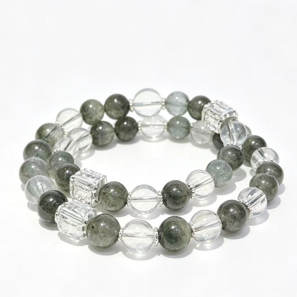 Crystal Paradise Green Phantom &amp; Clear Quartz Bracelet Set – Handmade Wealth &amp; Purity Crystal Stack Bracelet 💚🤍