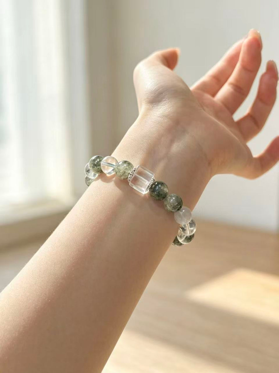 Crystal Paradise Green Phantom &amp; Clear Quartz Bracelet Set – Handmade Wealth &amp; Purity Crystal Stack Bracelet 💚🤍