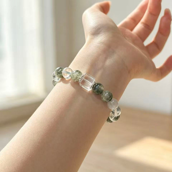 Crystal Paradise Green Phantom &amp; Clear Quartz Bracelet Set – Handmade Wealth &amp; Purity Crystal Stack Bracelet 💚🤍