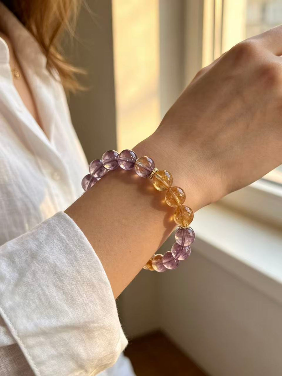 Crystal Paradise Amethyst & Golden Tower Citrine Bracelet – Handmade Wisdom & Prosperity Crystal Bracelet 💜💛✨