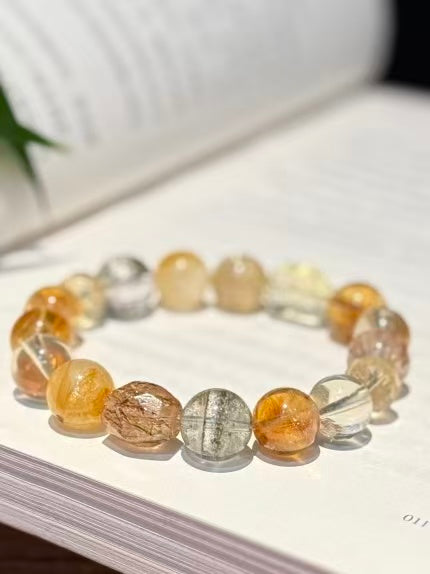 Crystal Paradise "Golden Fortune" Wealth Bracelet – Handmade Rutile Quartz, Green Phantom & Citrine Crystal Bracelet 💰✨