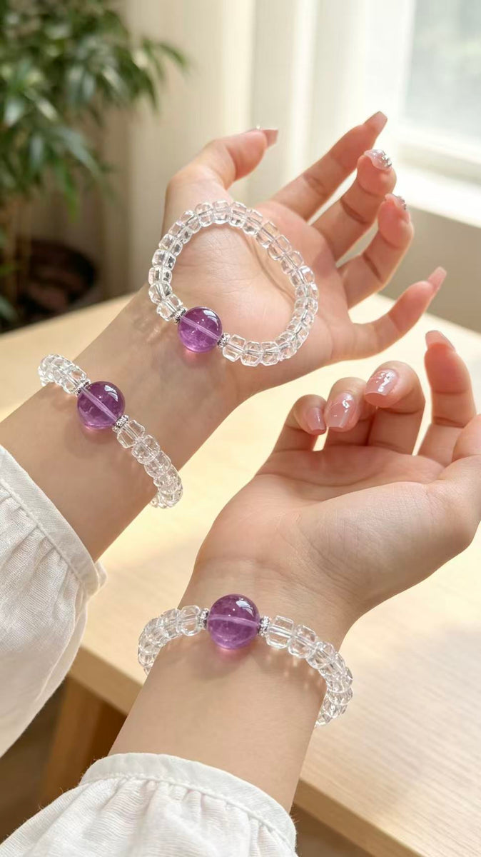 Crystal Paradise "Pure Violet" Clear Quartz & Amethyst Bracelet – Handmade Elegant Crystal Wheel Bead Bracelet 💜✨
