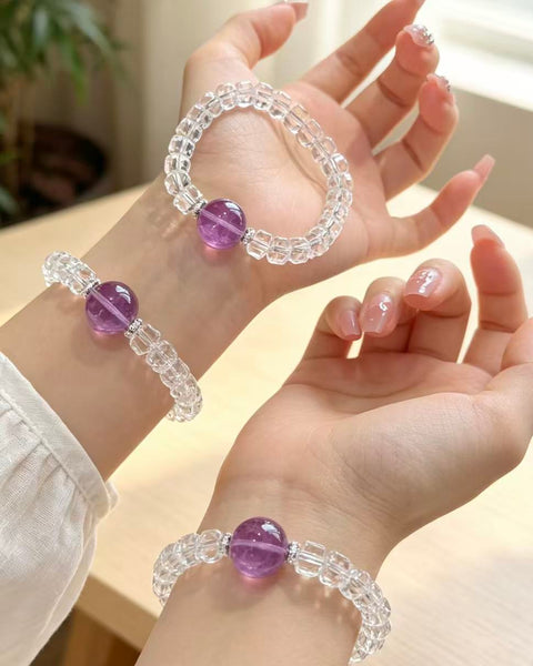 Crystal Paradise "Pure Violet" Clear Quartz & Amethyst Bracelet – Handmade Elegant Crystal Wheel Bead Bracelet 💜✨