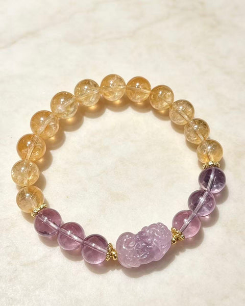 Crystal Paradise Golden Tower Citrine, Amethyst & Pixiu Bracelet – Handmade Prosperity Crystal Bracelet 💛💜🐉