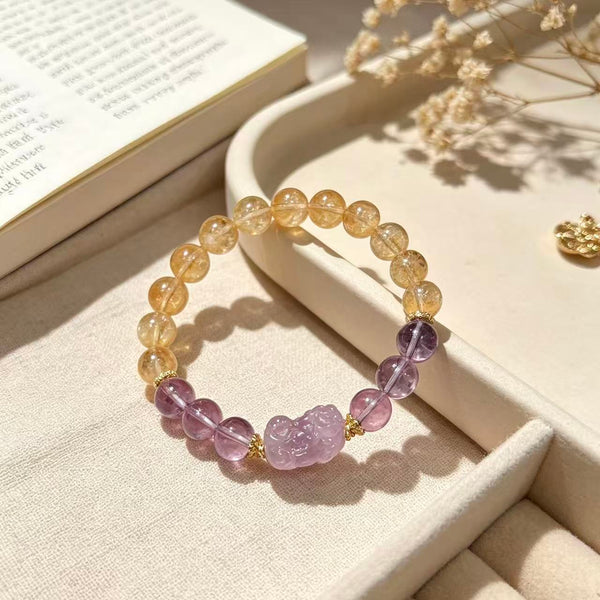 Crystal Paradise Golden Tower Citrine, Amethyst & Pixiu Bracelet – Handmade Prosperity Crystal Bracelet 💛💜🐉