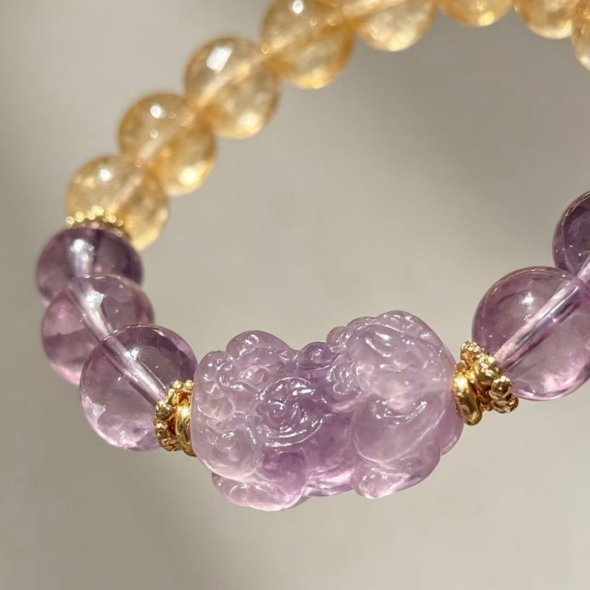 Crystal Paradise Golden Tower Citrine, Amethyst & Pixiu Bracelet – Handmade Prosperity Crystal Bracelet 💛💜🐉